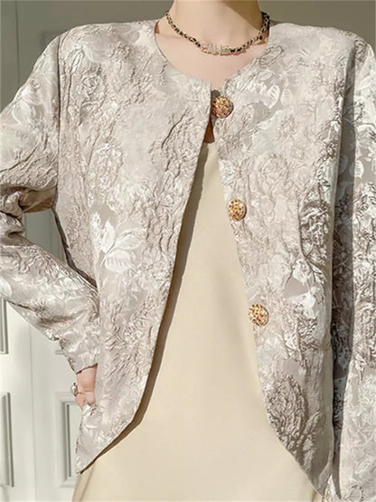 Elegante aprikosenfarbene Jacquard-Jacke mit Rundhalsausschnitt und orientalischem Design
