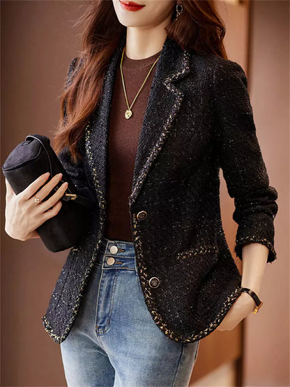 Eleganter schwarzer Tweedblazer für Damen, ideal für zierliche Frauen, Frühling/Herbst