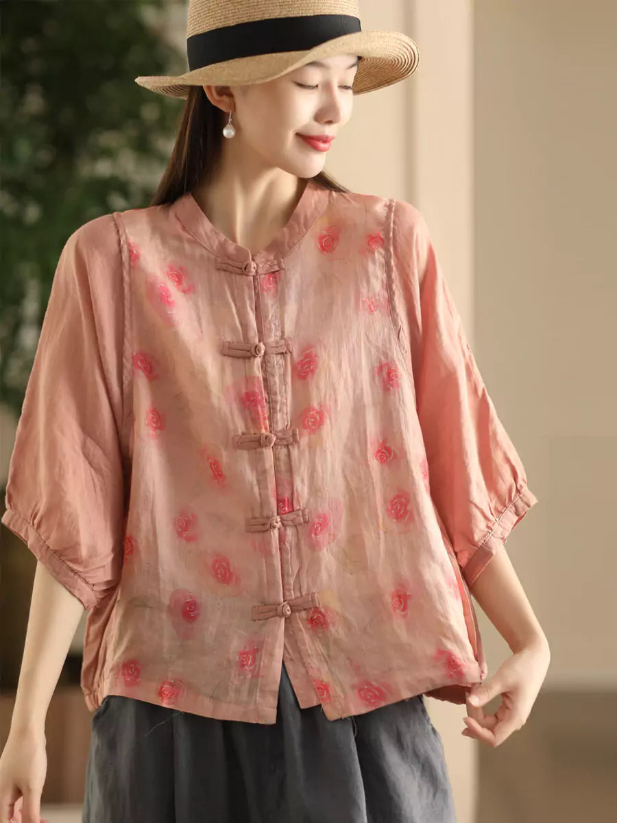 Vintage Ramie Jacquard Stand-Collar Shirt for Women with Frog Button