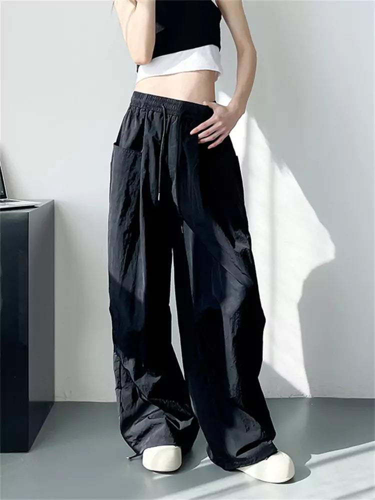 Wide-Leg Summer White Ice Silk High-Waist Loose Cargo Pants for Women