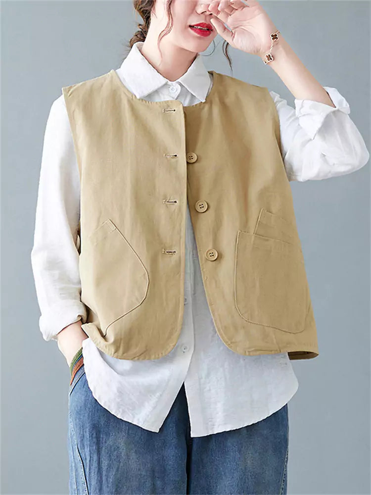 Plus Size Solid Color Casual Vintage Utility Vest for Women