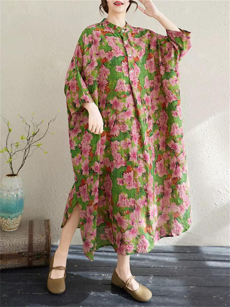 Vestido largo vintage de lino y algodón con estampado floral de talla grande para mujer