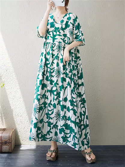 Plus Size Ethno-Kleid mit V-Ausschnitt und Blumenmuster für Damen