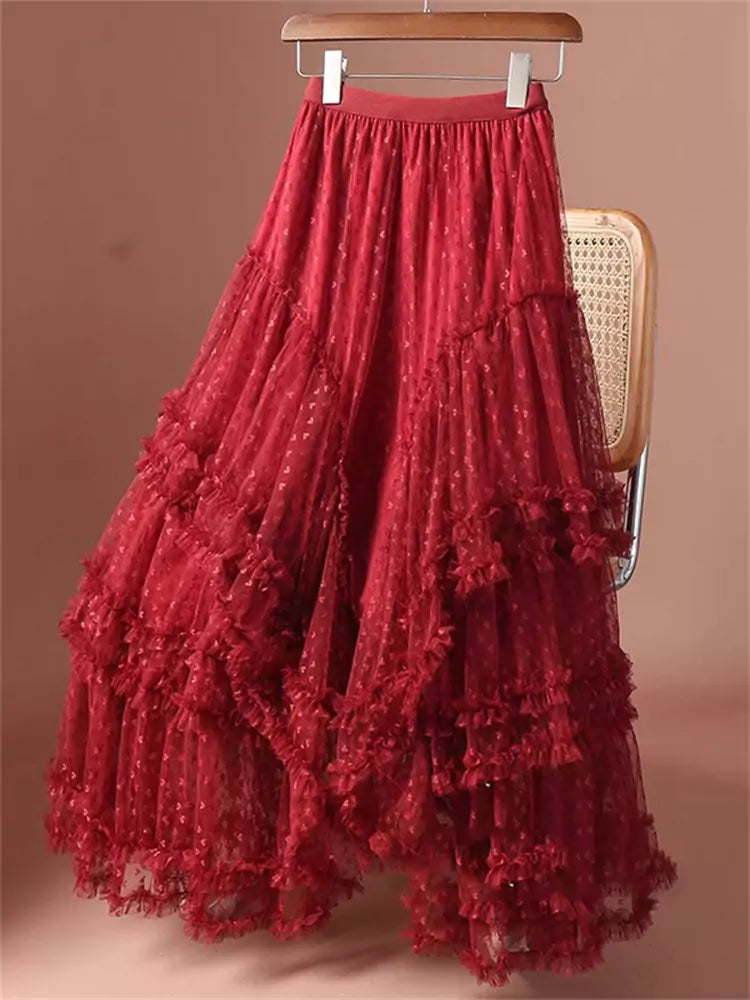 Falda larga de malla escalonada Fairycore de talla grande con corazones de jacquard