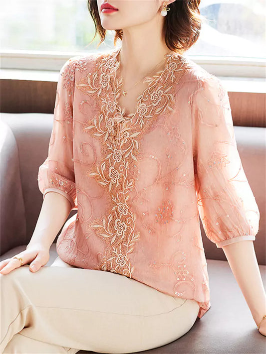 Elegant Half Sleeve Embroidery Lace Floral Chiffon Blouse  for Women