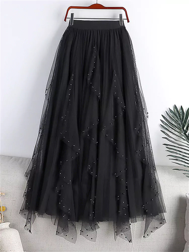 High Waist A-Line Pleated Plus Size Tulle Skirt with Pearl Embellishments