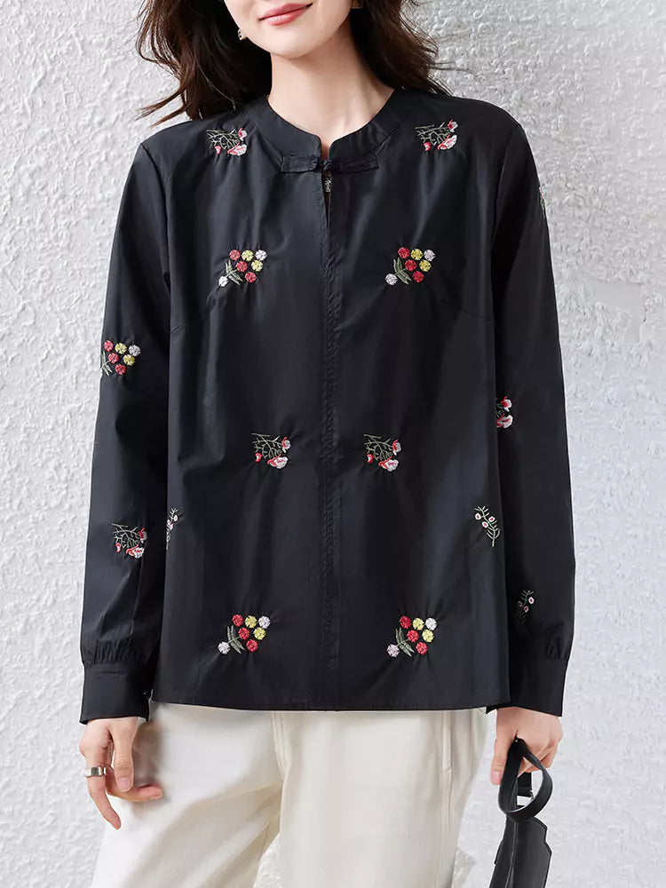 Trendy Embroidered Stand Collar Long Sleeve Blouse for Women with Frog Buttons