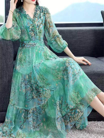 Elegantes bedrucktes Midikleid aus Maulbeerseide mit Taillenbetonung für Damen