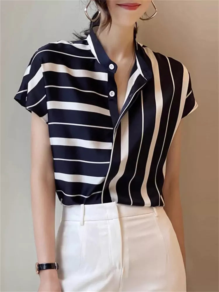French Style Striped Chiffon Short Sleeve Stand Collar Blouse for Women