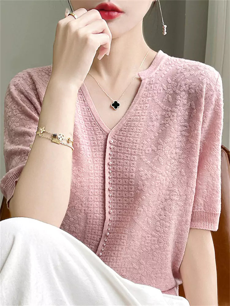 Elegant Beige V-Neck Beaded Pullover Blouse for Women