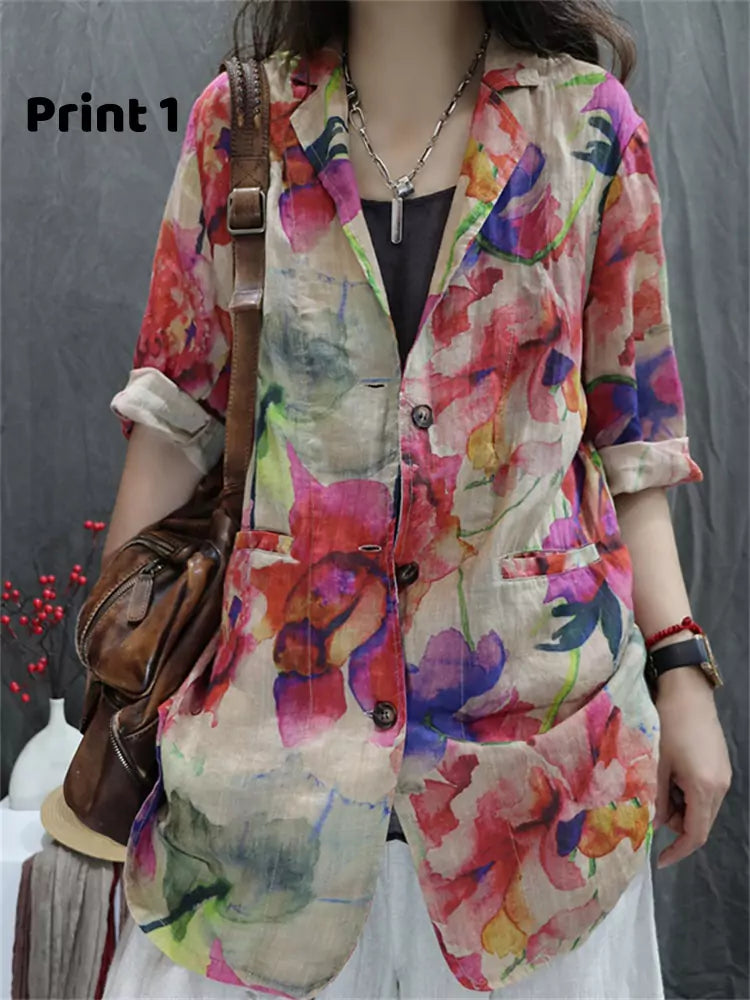 Vintage Printed Cotton Linen Blazer Jacket for Women