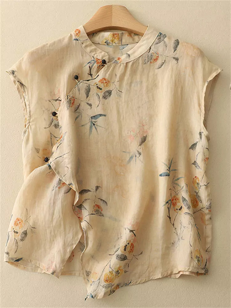 New Chinese Style Asymmetrical Placket Cotton Linen Blouse