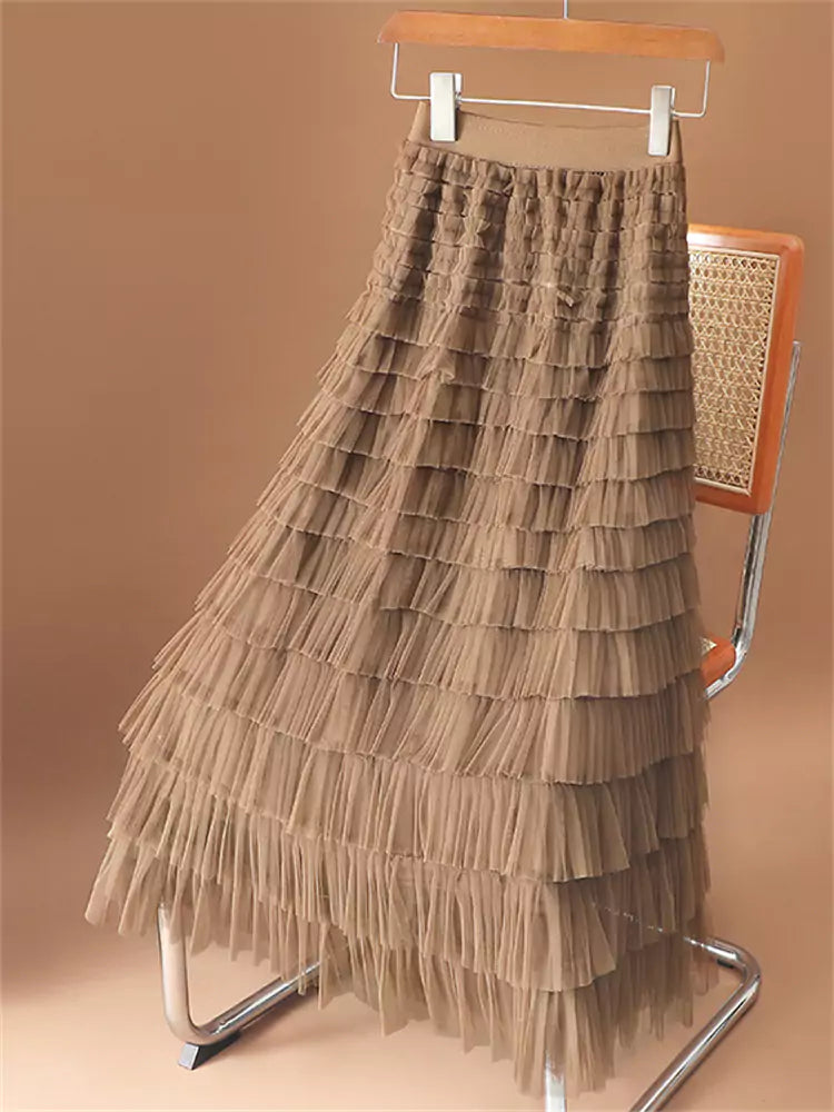 Eleganter, aprikosenfarbener, hochwertiger, mehrlagiger A-Linien-Rock aus Mesh für Damen