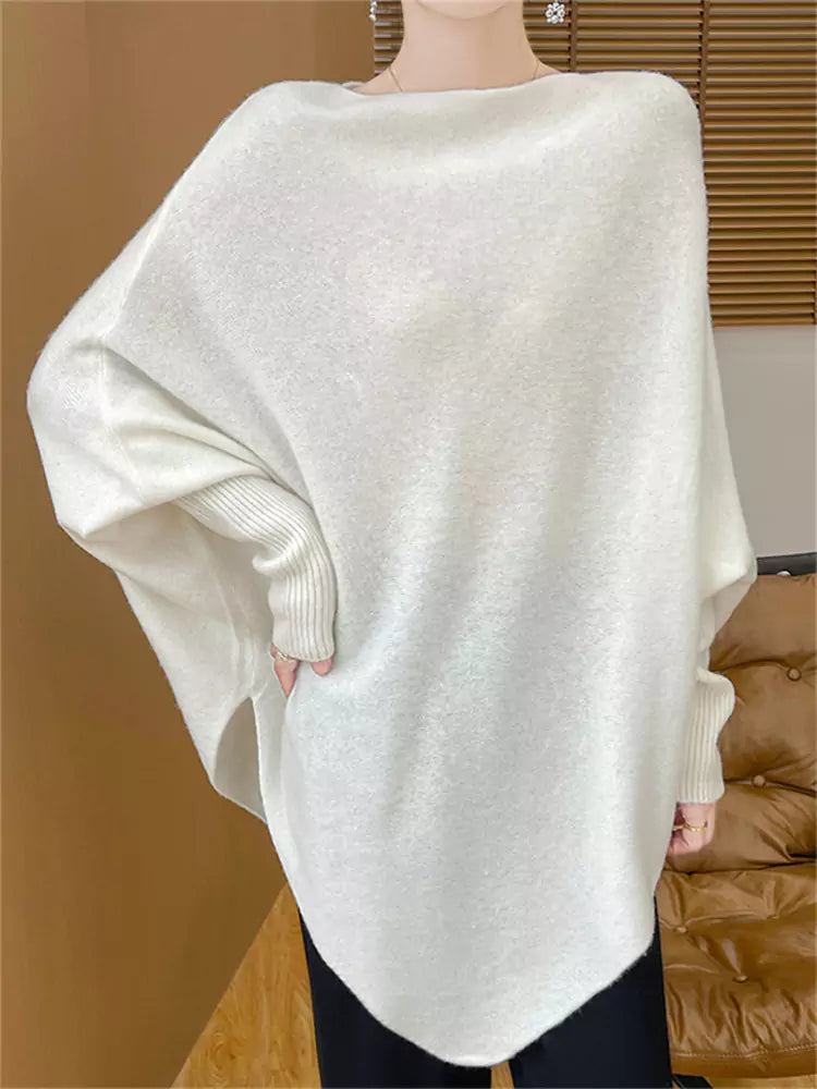 Wool Knit Camel Boat Neck Poncho Sweater – Loose Pullover Mid-Length Shawl for Autumn & Winter