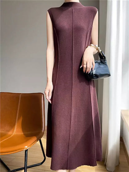 Ärmelloses rotes Strickkleid mit Rollkragen in Midi-Länge für Damen – Elegantes, figurbetontes Strickkleid