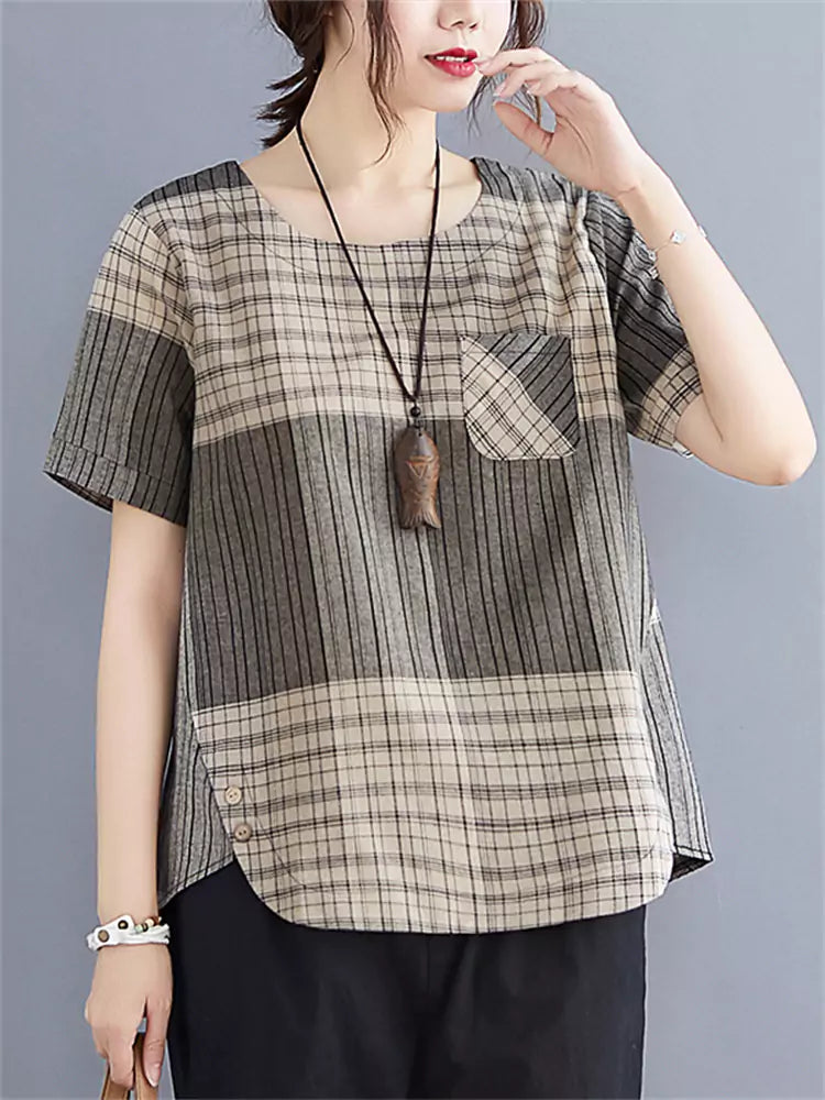 Loose Fit Plaid Short Sleeve Cotton Linen Top for Women