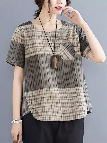 Locker geschnittenes, kariertes Kurzarm-Top aus Baumwoll-Leinen-Mischgewebe für Damen