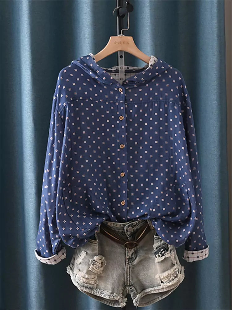 Comfortable Casual Double-Layer Cotton Gauze Checkered Printed Jacket with Hood for Women