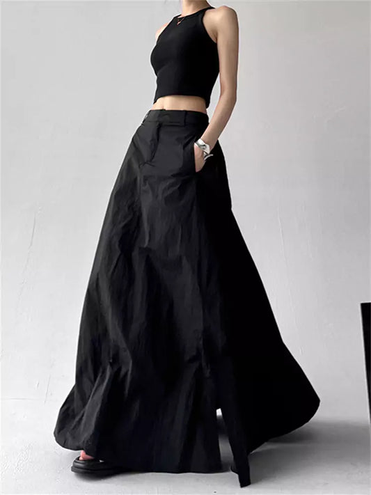 Schwarzer, hochtaillierter A-Linien-Maxirock im amerikanischen Vintage-Stil mit seitlicher Raffung für Damen