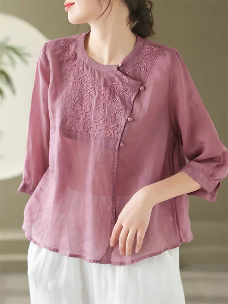 Vintage Chinese Style Green Asymmetric Placket Embroidered  Ramie Top for Women