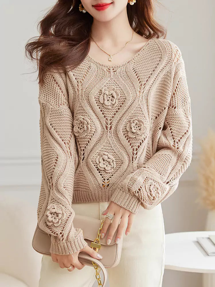 Elegant Cropped Knit Sweater with Hollow-Out Design Women