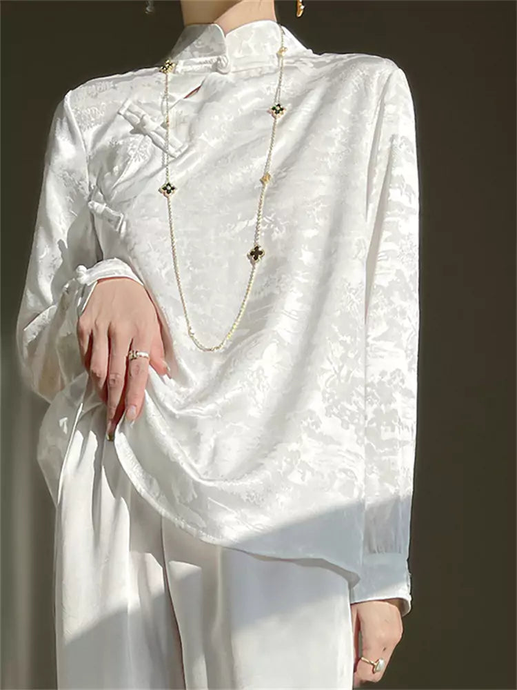 New Chinese Style Turquoise Green Jacquard Satin Blouse for Women