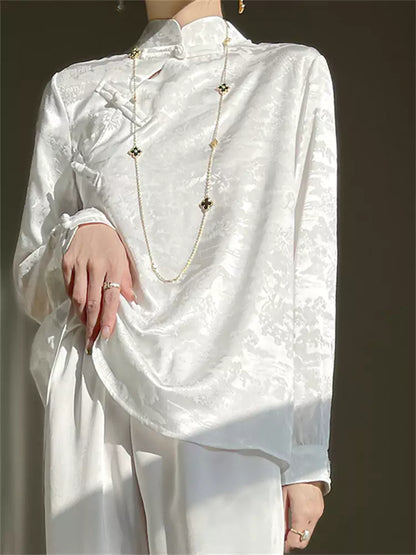 Neue Bluse im chinesischen Stil aus türkisgrünem Jacquard-Satin für Damen