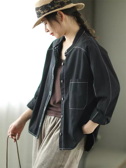 Vintage-grünes, langärmeliges, locker sitzendes Baumwollhemd mit Kontrastnähten und kontrastierenden Ziernähten für Damen