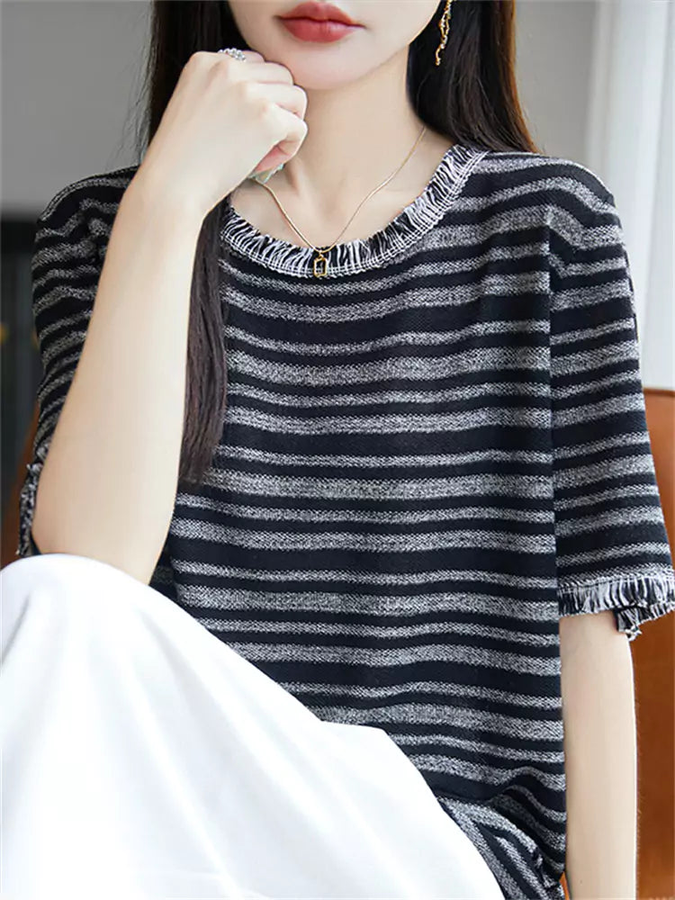 Striped Short Sleeve Ice Silk Knit T-Shirt for Women