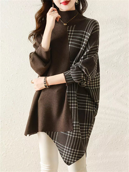 Damen-Rollkragenpulloverkleid mit asymmetrischem Karomuster – mittellang, dick gefüttert, lässiger Herbst-Winter-Stil