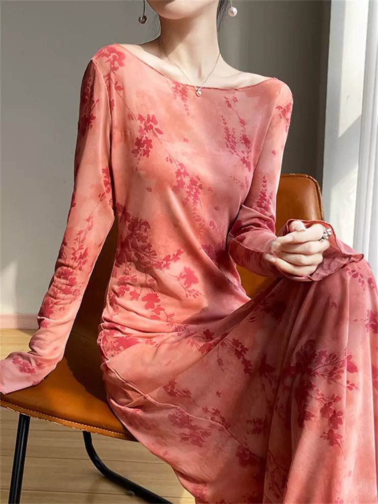 Vestido largo vintage de malla flocada para mujer