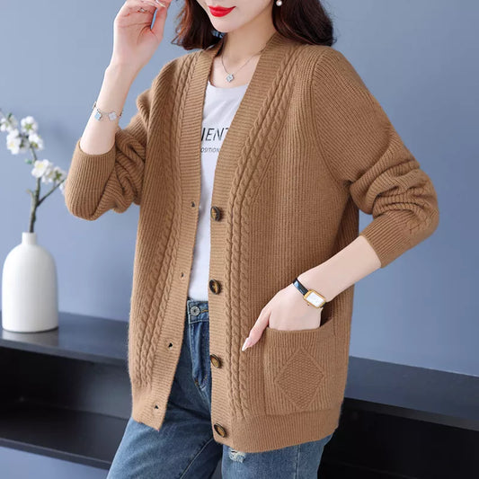 Elegante cárdigan de punto con cuello en V en color liso para mujer