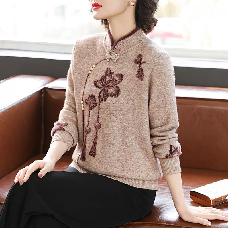 Camel Stand Collar Printed Knit Sweater for Women