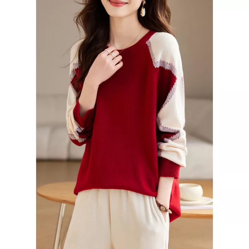 Red Colorblock Loose Knit Sweater for Women