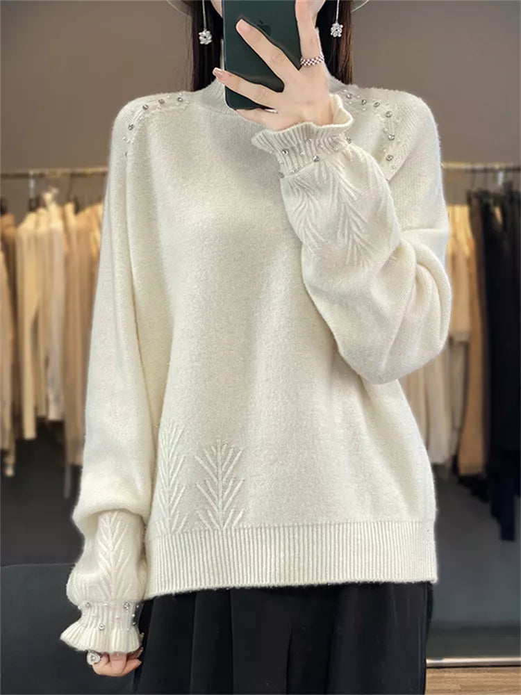 Suéter de punto con cuello alto y adornos para mujer