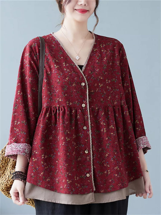 Plus-Size Two-Layer Patchwork V-Neck Cotton Linen Floral Blouse for Women