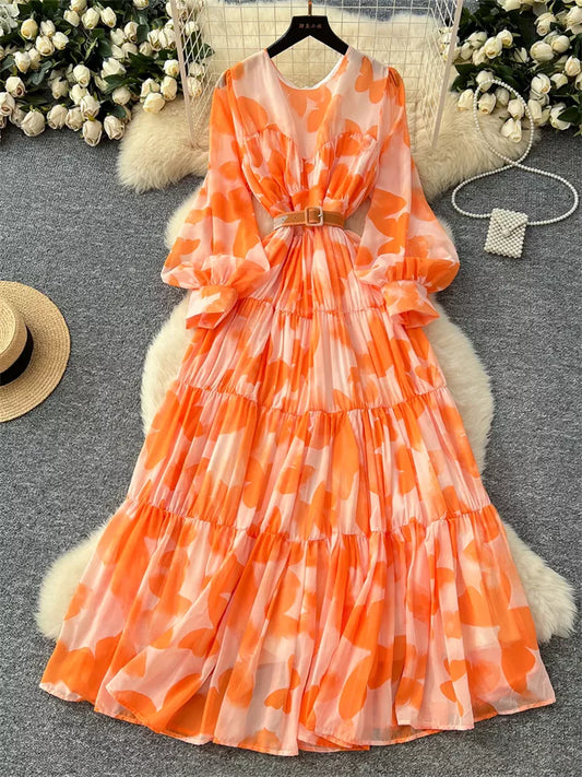 French-Style Elegant Printed Lantern-Sleeve Maxi Dress for Women