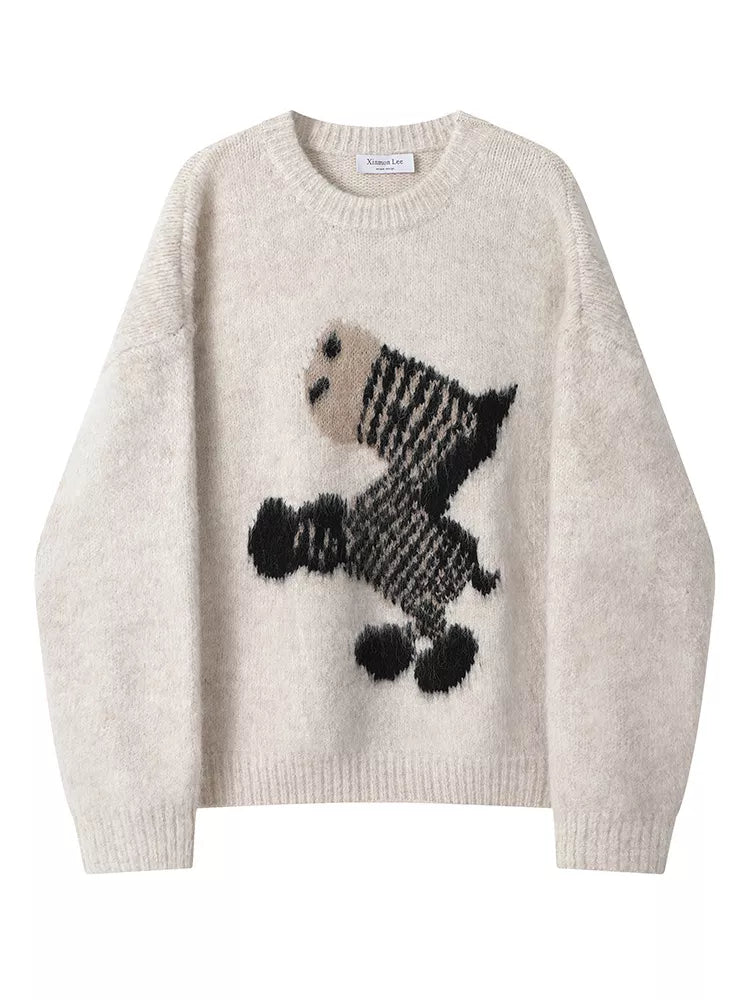 Women's Gray Fuzzy Knit Sweater with Abstract Zebra Graphic
