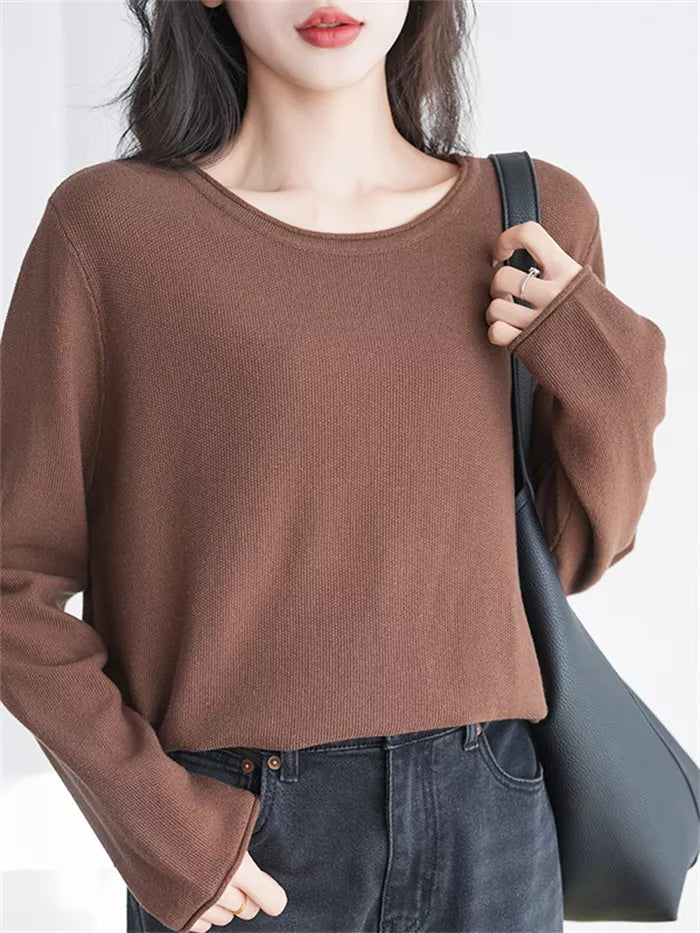 Women's Gray Cotton Crew Neck Long Sleeve Casual Top