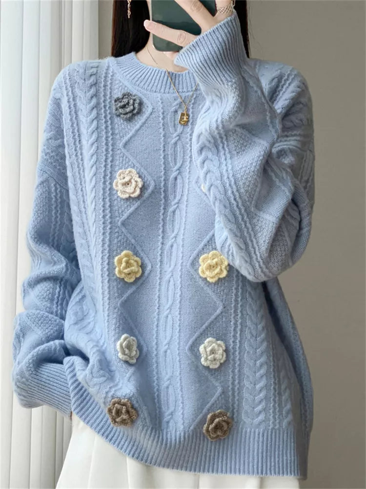 Handcrafted Blue Embroidered Pure Wool Sweater for Women