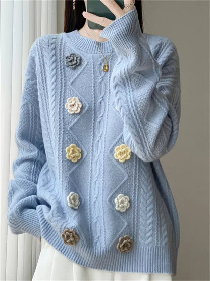 Handcrafted Blue Embroidered Pure Wool Sweater for Women