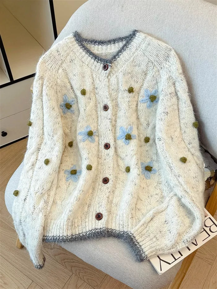 Women's Cream Cable Knit Cardigan with Blue Floral Embroidery