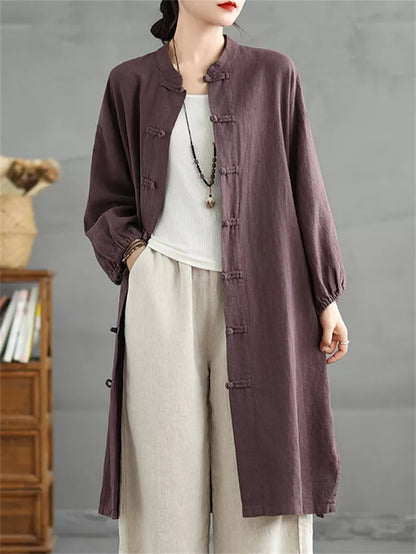 Women's Vintage Cotton Linen Long Coat Chinese Style Frog Button Zen Cardigan Trench Jacket