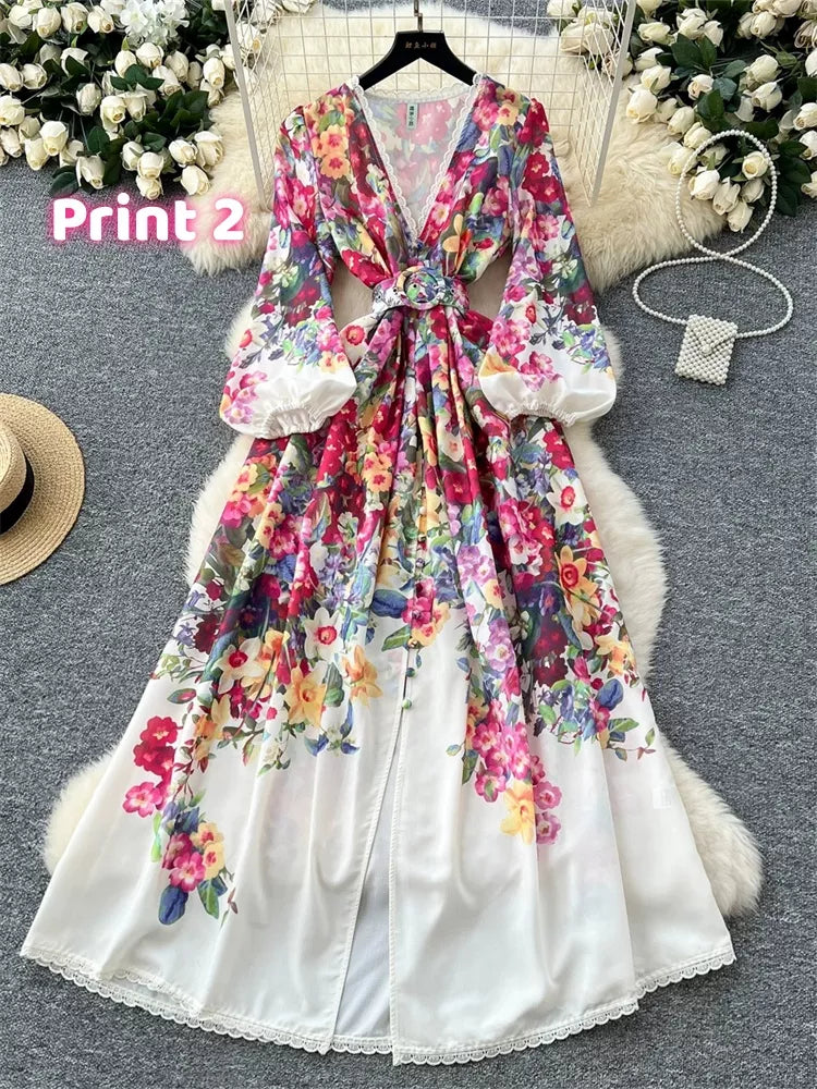 Maxikleid im französischen Stil mit V-Ausschnitt, Spitzenbesatz und Blumenmuster für Damen