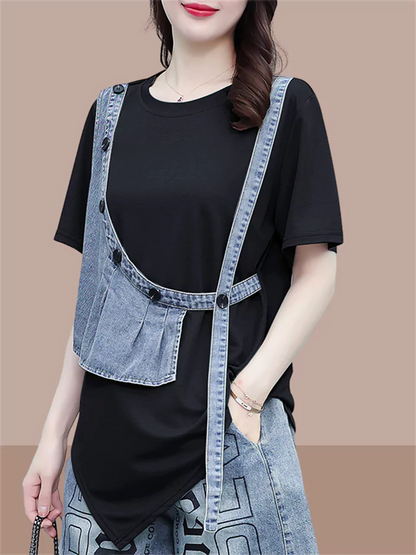 Modisches Kurzarm-T-Shirt mit asymmetrischem Patchwork-Muster in Zweiteiler-Optik für Damen