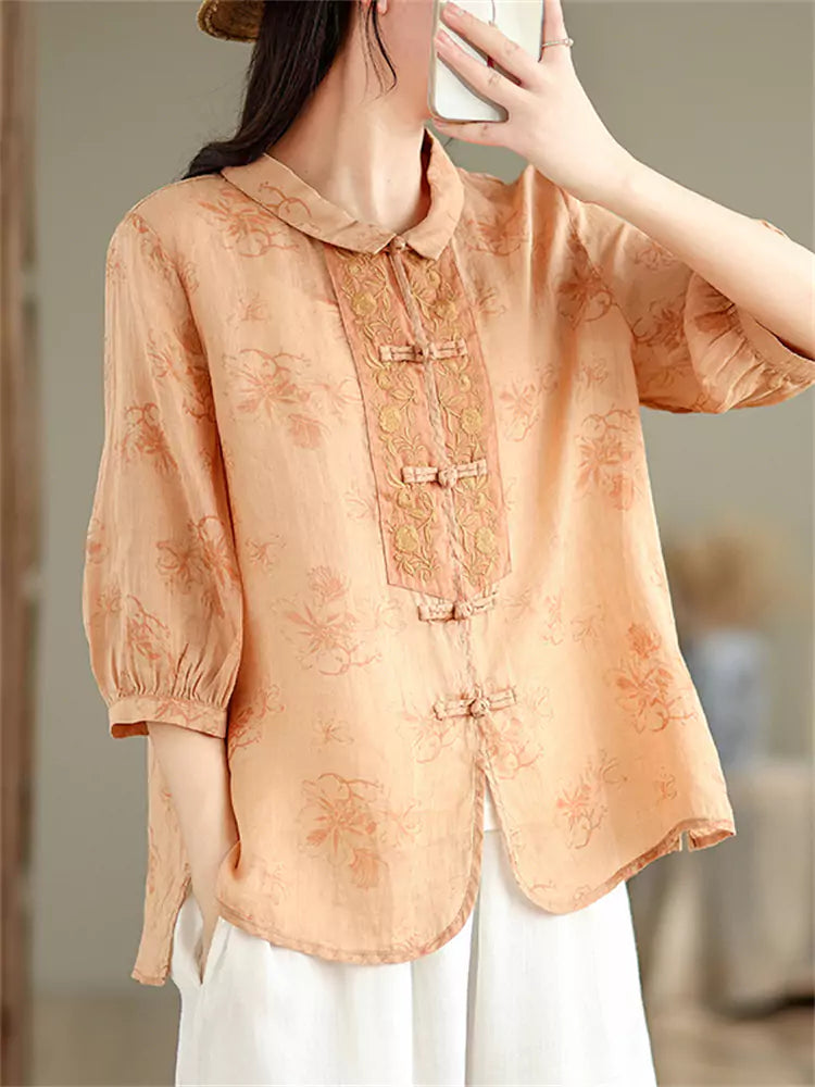 New Chinese Style Embroidered Ramie Blouse for Women Frog Button with Stylish Half Sleeves