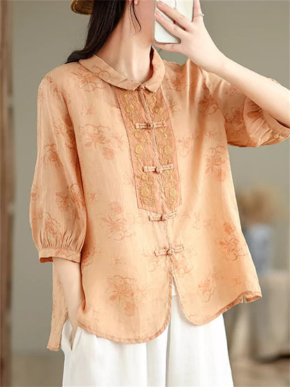Neue bestickte Ramie-Bluse im chinesischen Stil für Damen mit Froschknopfverschluss und eleganten halblangen Ärmeln