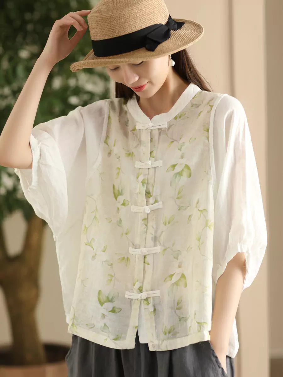Vintage Ramie Jacquard Stand-Collar Shirt for Women with Frog Button