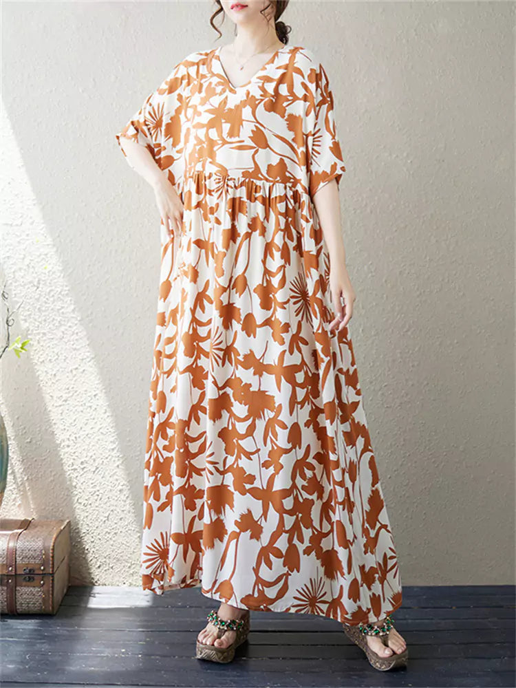 Plus Size Ethno-Kleid mit V-Ausschnitt und Blumenmuster für Damen
