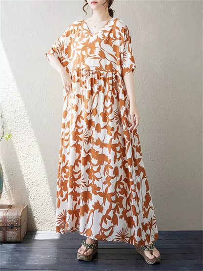 Plus Size Ethno-Kleid mit V-Ausschnitt und Blumenmuster für Damen